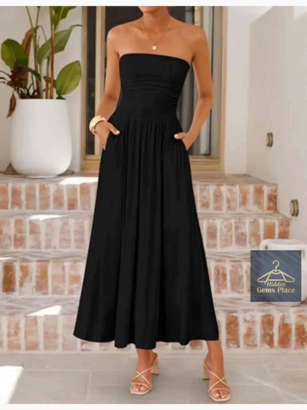 Sleeveless Strapless Ruched A-Line Midi Dress Flowy Wedding Guest